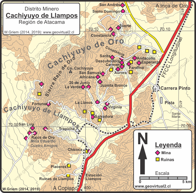Mapa del distrito minero Cachiyuyo de Llampos en Atacama, Chile