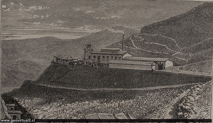 Zeichnung von R. Tornero aus dem Jahre 1872 zeigt die Bergwerksanlagen der Dolores Mine  in vollem Betrieb, Atacama - Chile