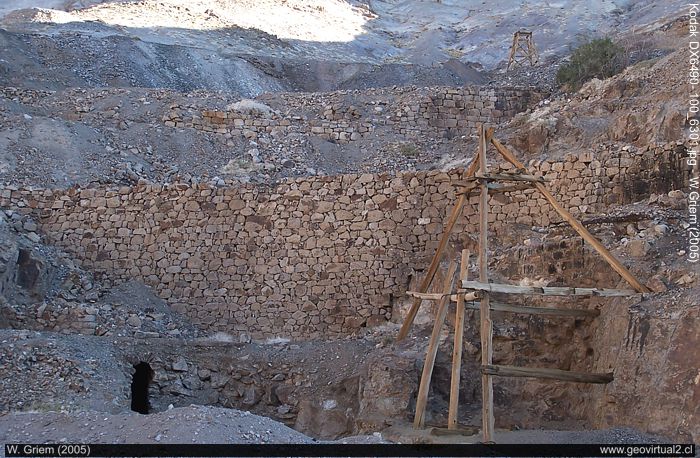 The mine La Amarilla of Cerro Blanco in the Atacama Region - Chile): Looking at the entrances and two small shaft frames, already abandoned.  