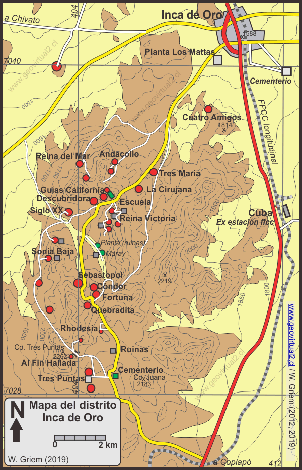 Mapa del distrito minero Inca de Oro en Atacama, Chile