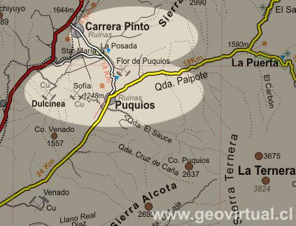 Lagekarte des Bergbau-Distrikts von Puquios in der Atacama Wüste, Chile