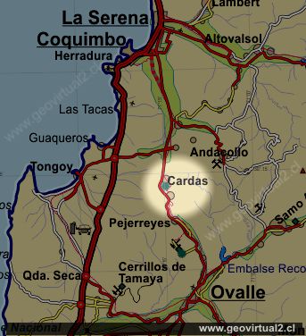Mapa carretera de Las Cardas, Región Coquimbo, Chile